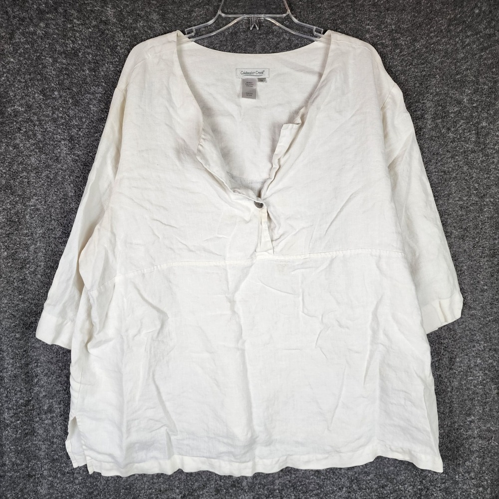 Coldwater Creek Tunic Womens 3X Linen Ivory Split Neck 3/4 Sleeve EUC